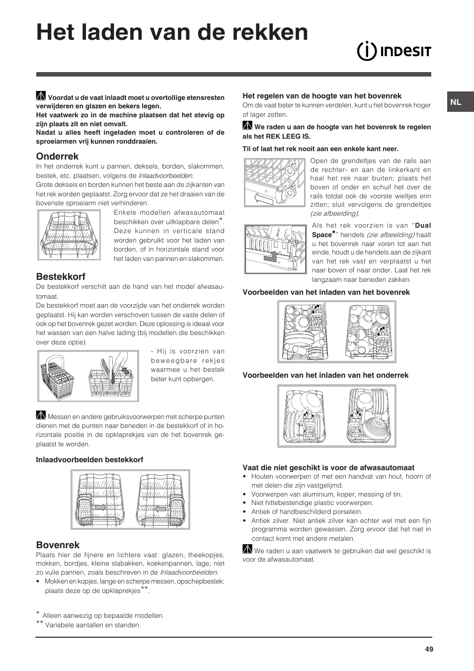 Het laden van de rekken, Onderrek, Bestekkorf | Bovenrek | Indesit DIS-14 User Manual | Page 49 / 80