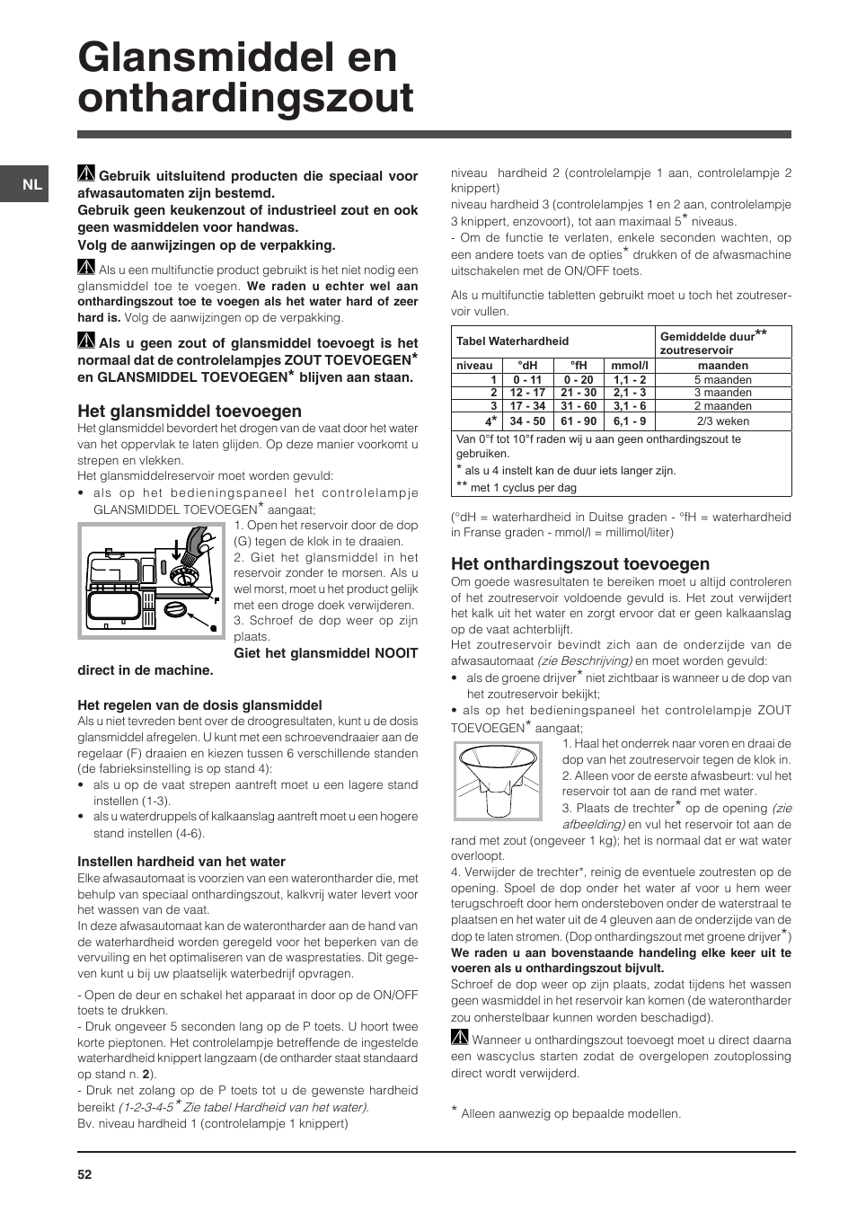 Glansmiddel en onthardingszout, Het glansmiddel toevoegen, Het onthardingszout toevoegen | Indesit DIS-14 User Manual | Page 52 / 80