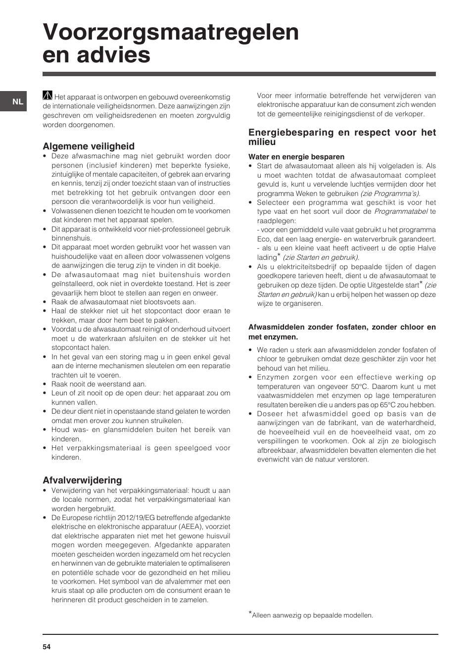 Voorzorgsmaatregelen en advies, Algemene veiligheid, Afvalverwijdering | Energiebesparing en respect voor het milieu | Indesit DIS-14 User Manual | Page 54 / 80