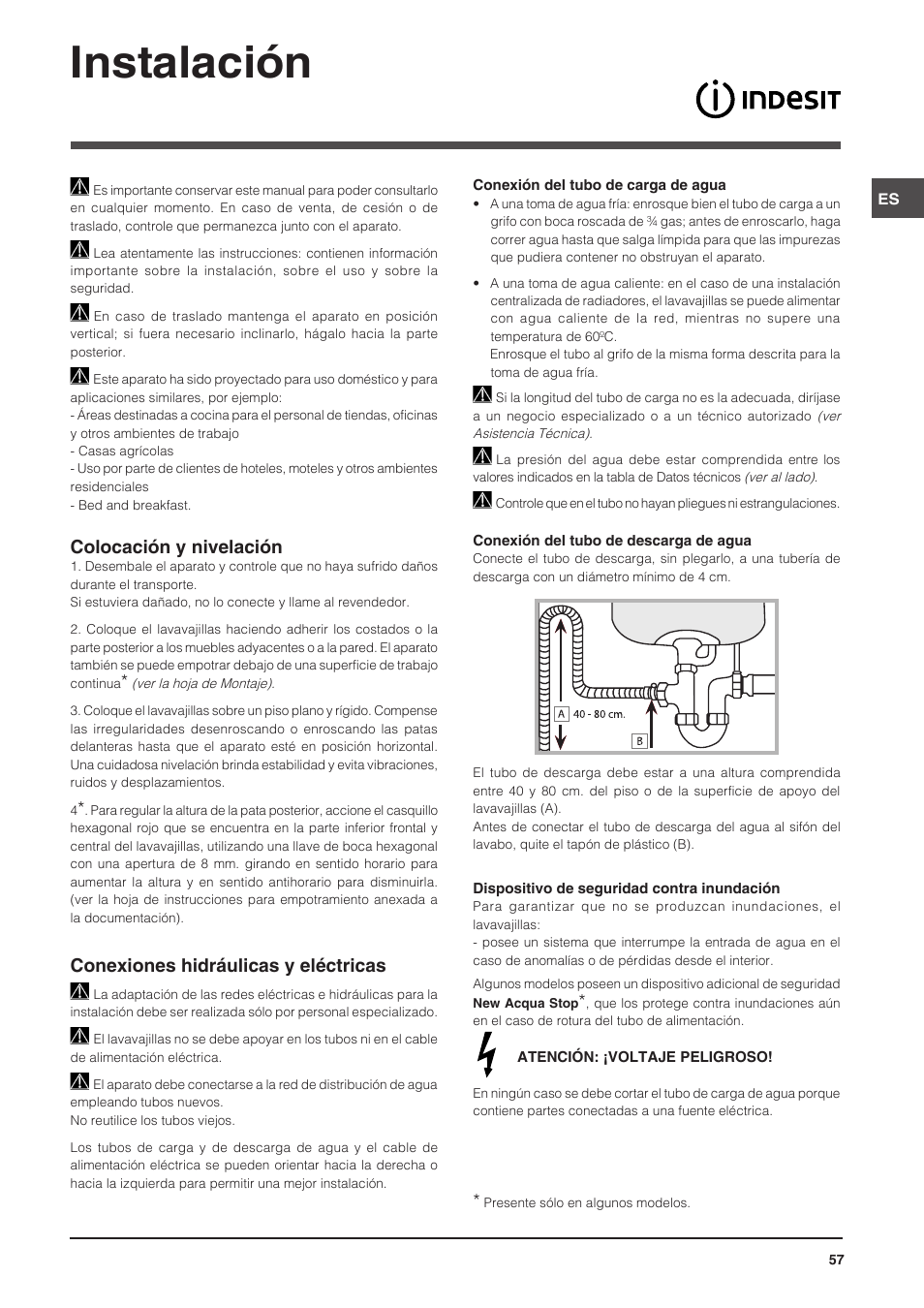 Instalación, Colocación y nivelación, Conexiones hidráulicas y eléctricas | Indesit DIS-14 User Manual | Page 57 / 80