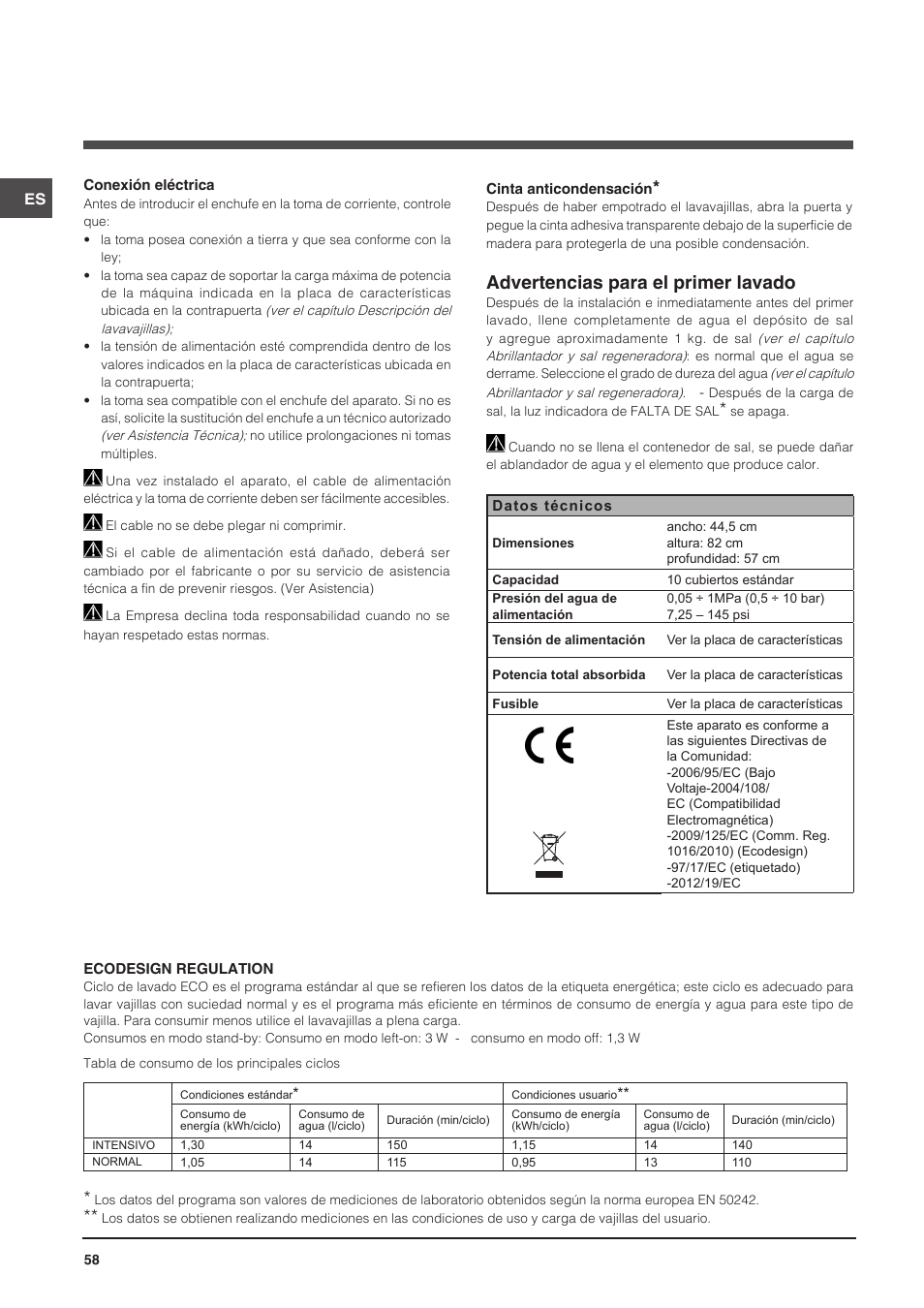 Advertencias para el primer lavado | Indesit DIS-14 User Manual | Page 58 / 80