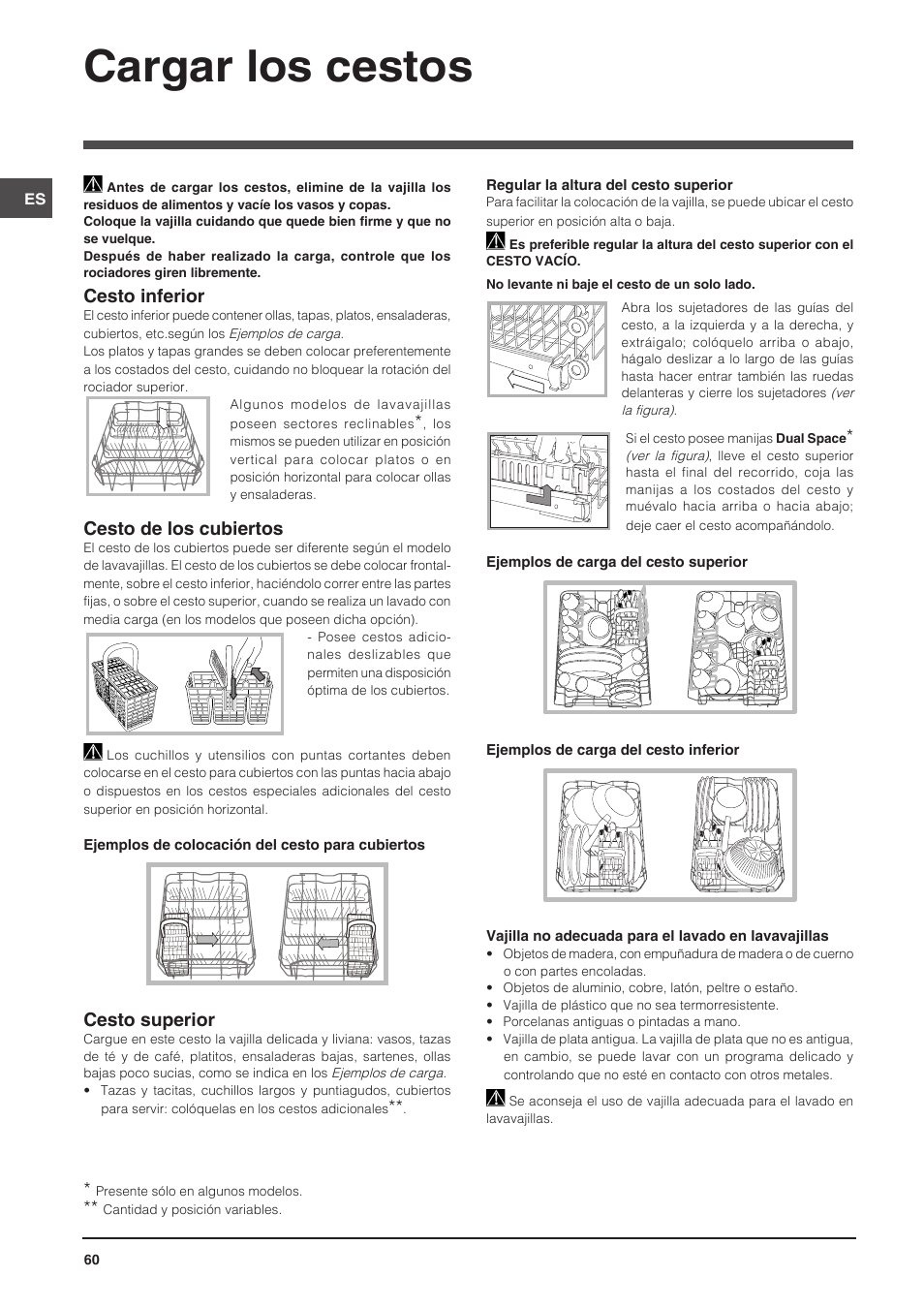 Cargar los cestos, Cesto inferior, Cesto de los cubiertos | Cesto superior | Indesit DIS-14 User Manual | Page 60 / 80