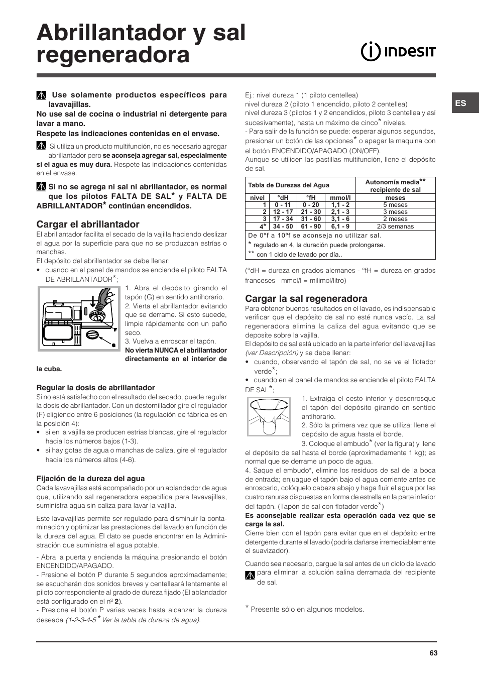 Abrillantador y sal regeneradora, Cargar el abrillantador, Cargar la sal regeneradora | Indesit DIS-14 User Manual | Page 63 / 80