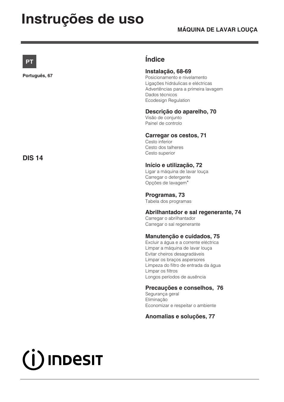 07543207_pt, Instruções de uso | Indesit DIS-14 User Manual | Page 67 / 80