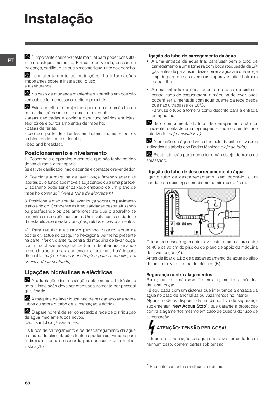 Instalação, Posicionamento e nivelamento, Ligações hidráulicas e eléctricas | Indesit DIS-14 User Manual | Page 68 / 80