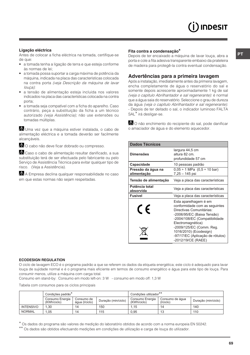 Advertências para a primeira lavagem | Indesit DIS-14 User Manual | Page 69 / 80