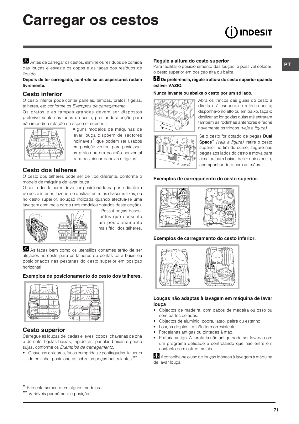 Carregar os cestos, Cesto inferior, Cesto dos talheres | Cesto superior | Indesit DIS-14 User Manual | Page 71 / 80