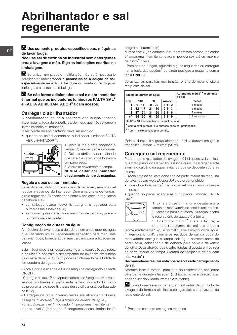 Abrilhantador e sal regenerante, Carregar o abrilhantador, Carregar o sal regenerante | Indesit DIS-14 User Manual | Page 74 / 80