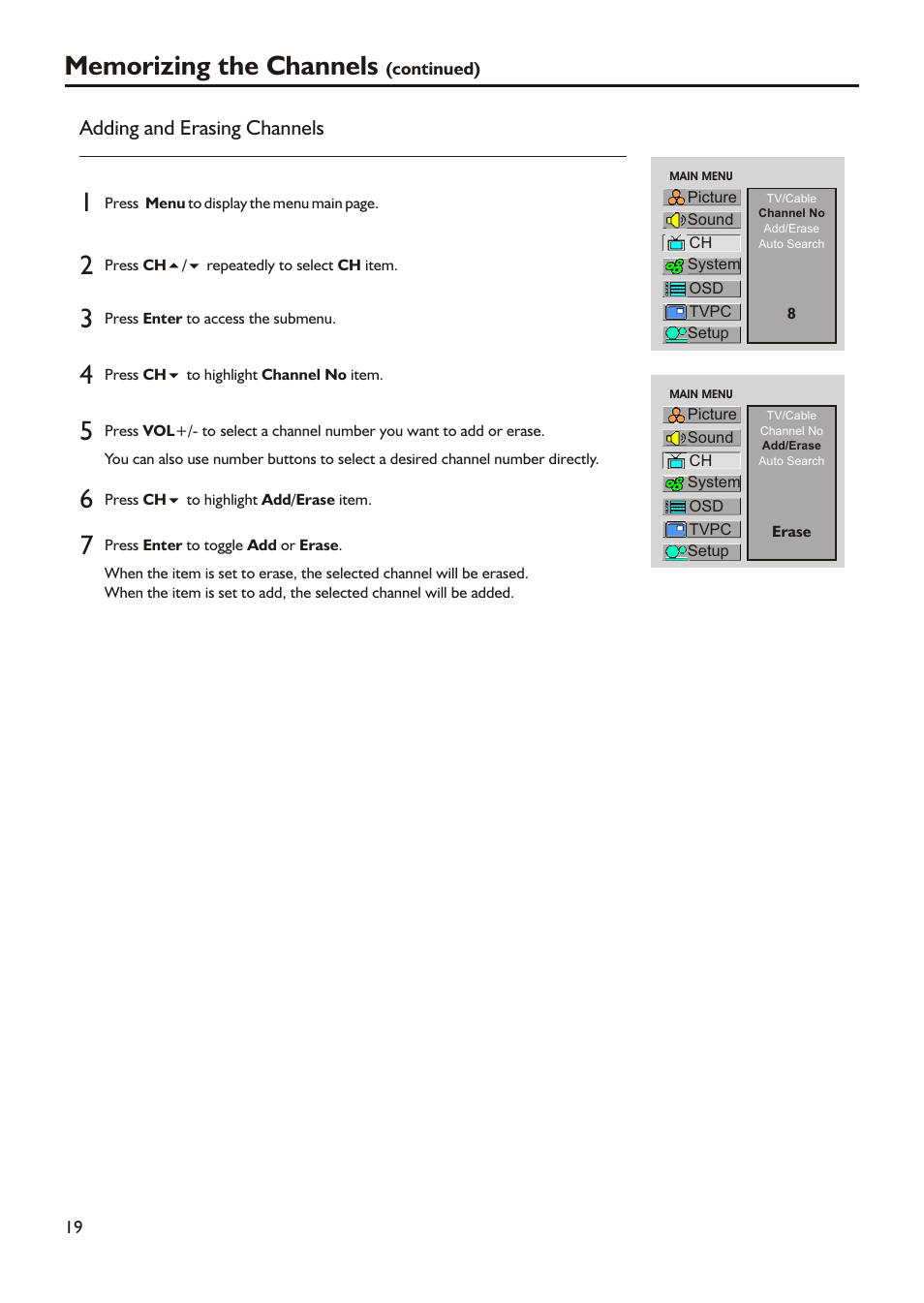 Adding and erasing channels | Audiovox FPE2305 User Manual | Page 22 / 42