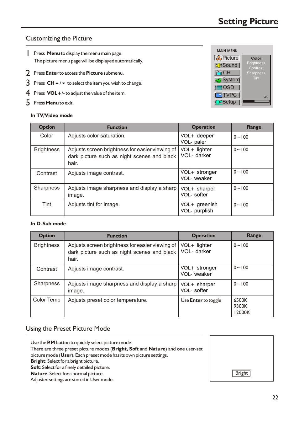 Setting picture, Customizing the picture, Using the preset picture mode | Audiovox FPE2305 User Manual | Page 25 / 42