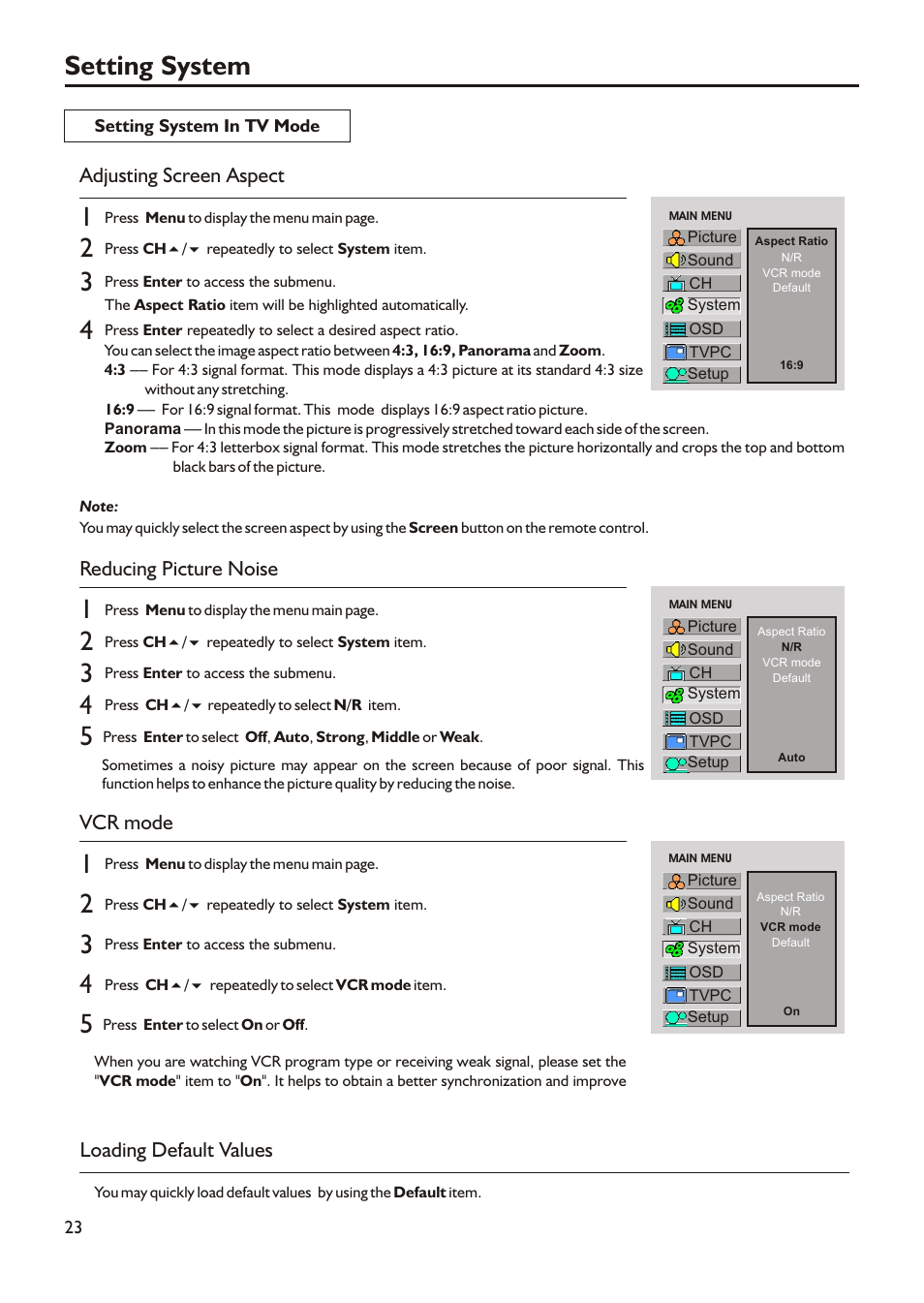 Setting system, Adjusting screen aspect, Reducing picture noise | Vcr mode, Loading default values | Audiovox FPE2305 User Manual | Page 26 / 42