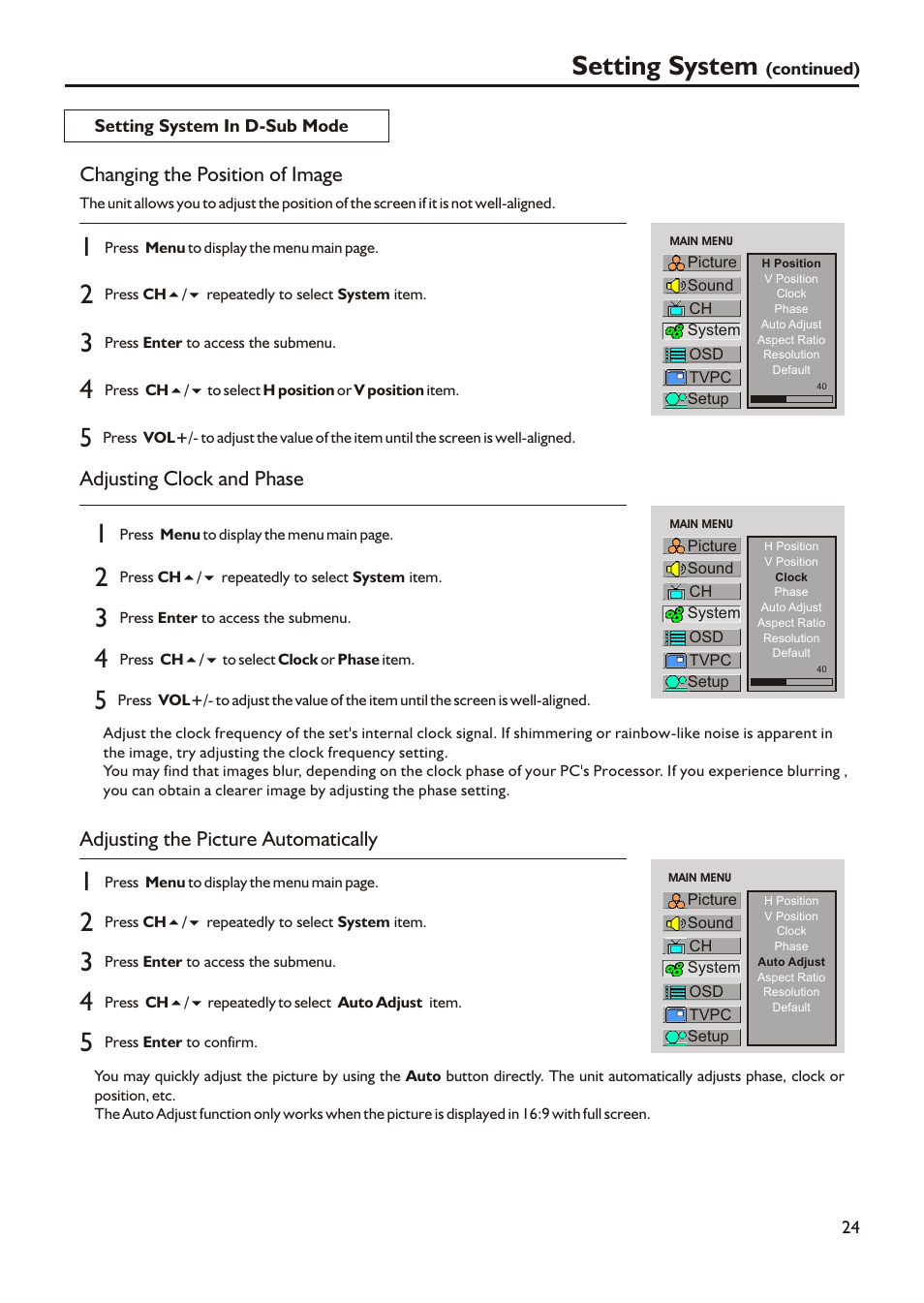 Setting system, Changing the position of image, Adjusting clock and phase | Adjusting the picture automatically | Audiovox FPE2305 User Manual | Page 27 / 42