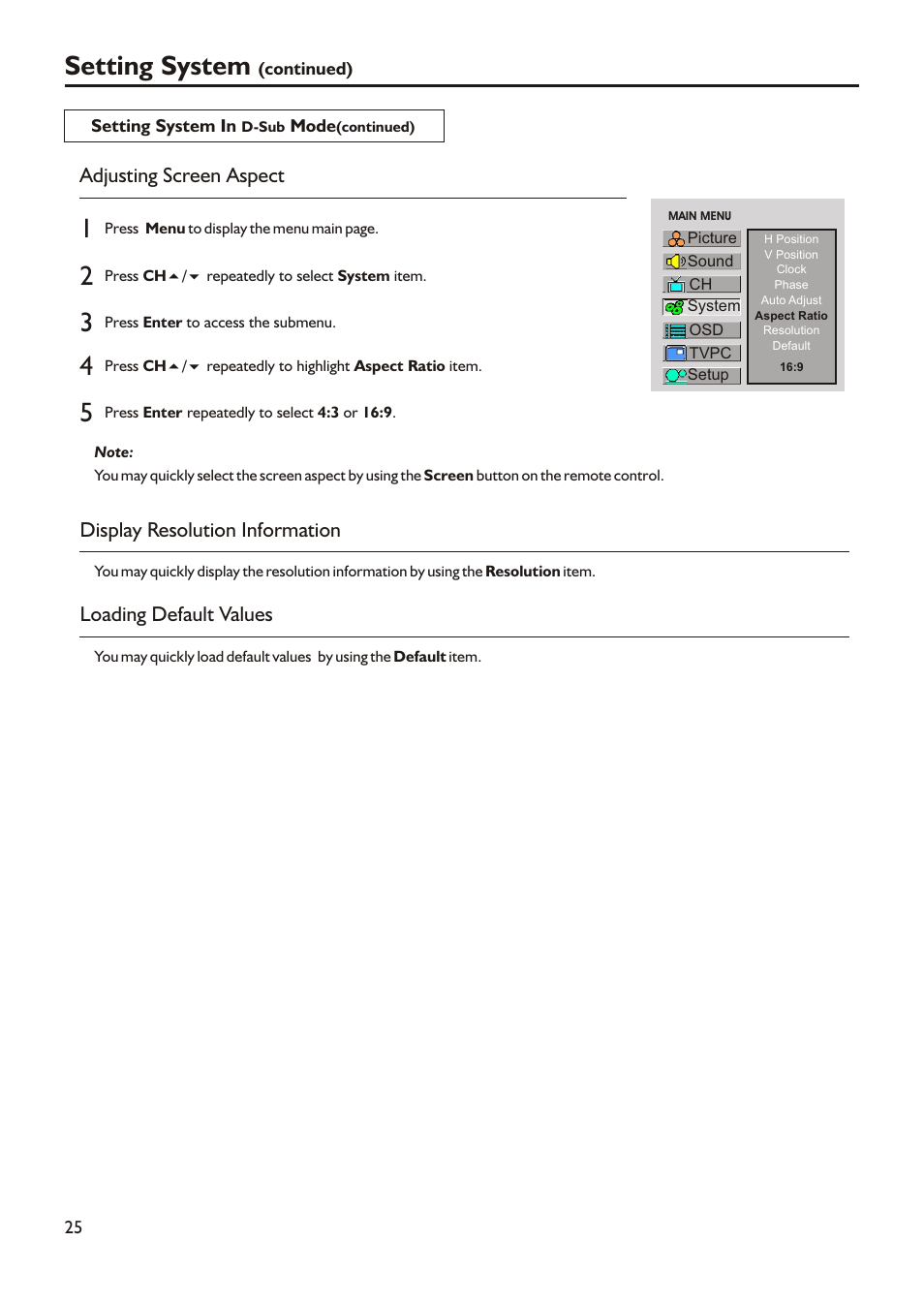 Setting system, Display resolution information, Loading default values | Adjusting screen aspect | Audiovox FPE2305 User Manual | Page 28 / 42