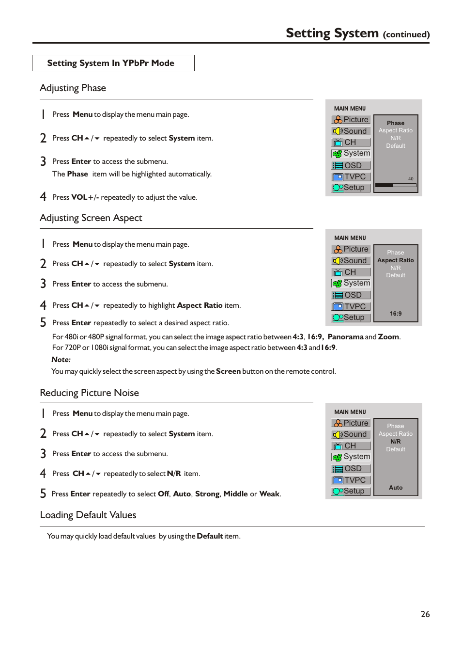 Setting system, Adjusting phase, Adjusting screen aspect | Reducing picture noise, Loading default values | Audiovox FPE2305 User Manual | Page 29 / 42