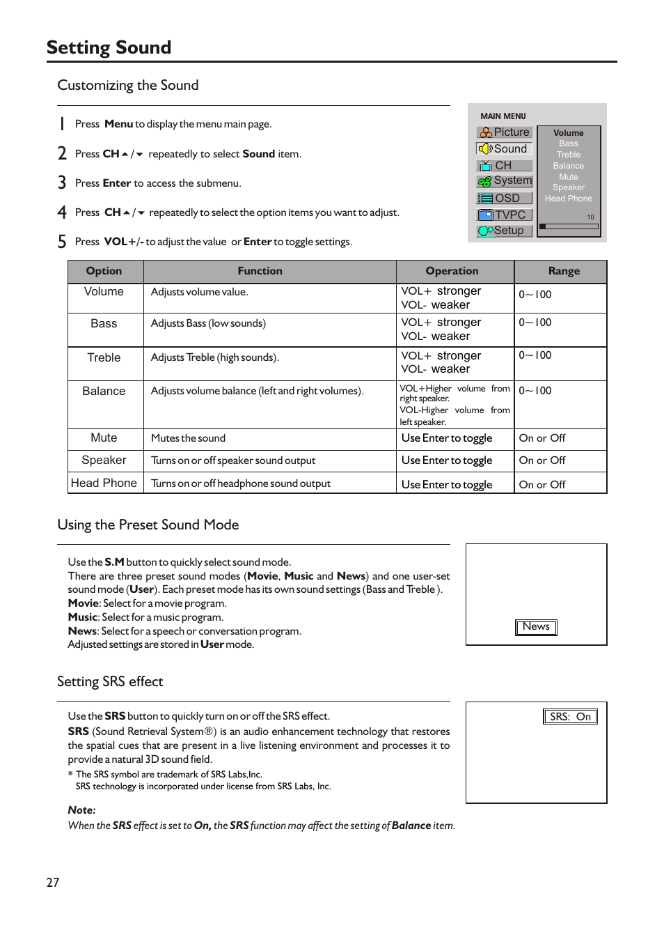 Setting sound, Customizing the sound using the preset sound mode, Setting srs effect | Audiovox FPE2305 User Manual | Page 30 / 42