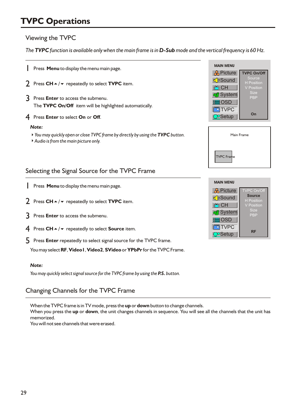 Tvpc operations, Viewing the tvpc, Selecting the signal source for the tvpc frame | Changing channels for the tvpc frame | Audiovox FPE2305 User Manual | Page 32 / 42