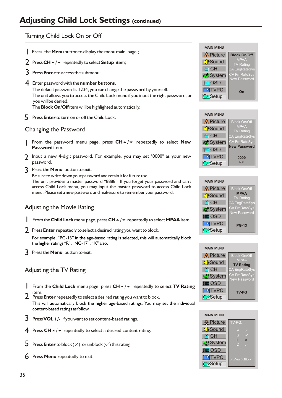 Adjusting child lock settings, Turning child lock on or off, Changing the password | Adjusting the movie rating, Adjusting the tv rating | Audiovox FPE2305 User Manual | Page 38 / 42