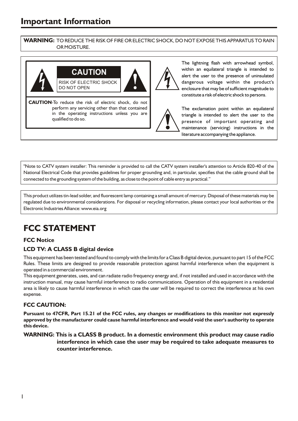 Important information, Fcc statement, Caution | Audiovox FPE2305 User Manual | Page 4 / 42