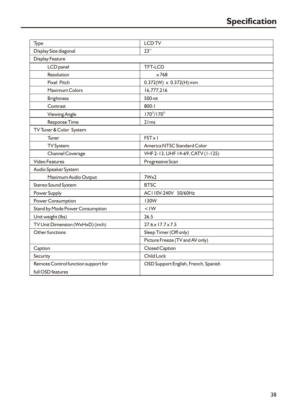 Specification | Audiovox FPE2305 User Manual | Page 41 / 42