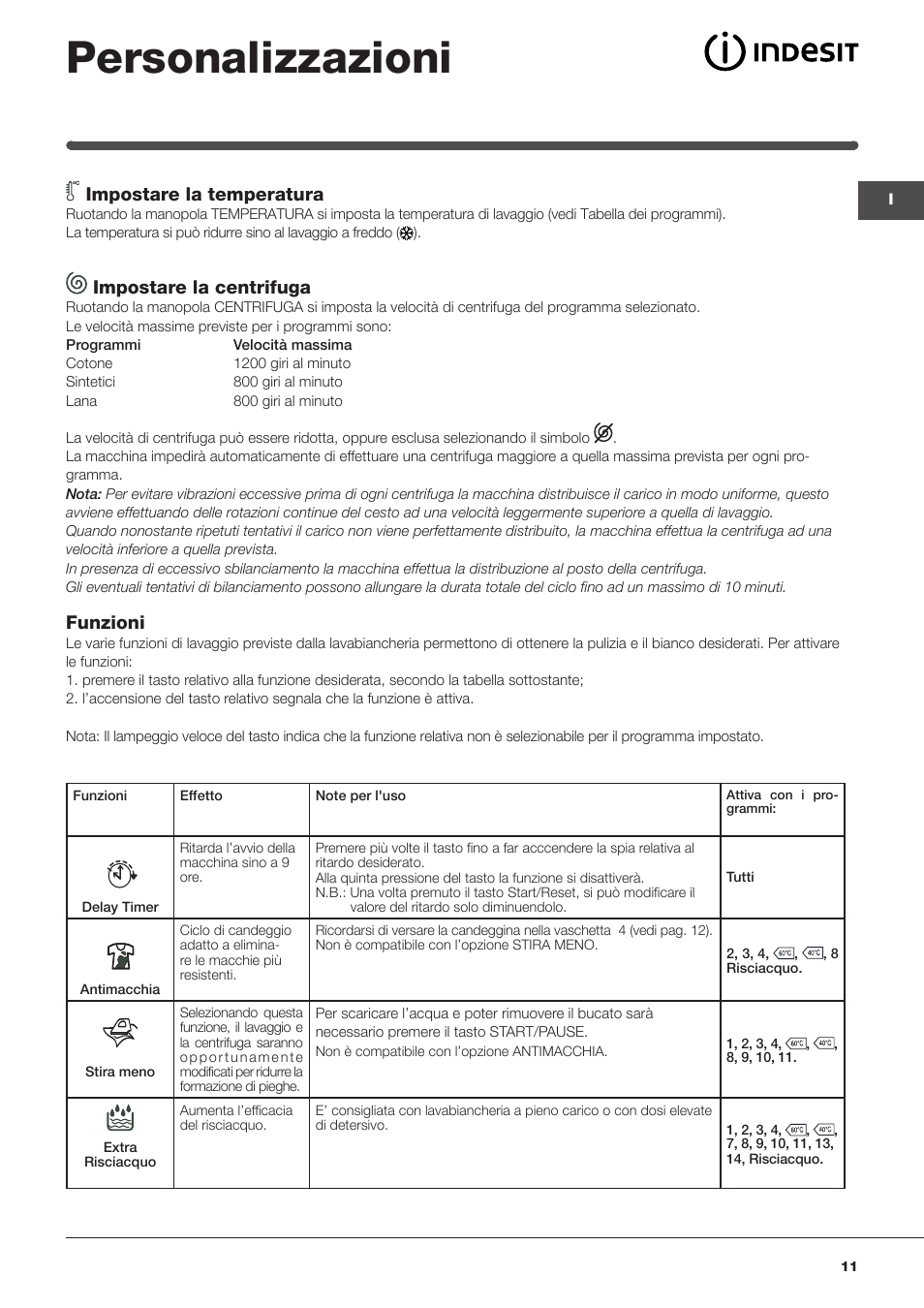 Personalizzazioni, Impostare la temperatura, Impostare la centrifuga | Funzioni | Indesit IWME-127-EU User Manual | Page 11 / 84