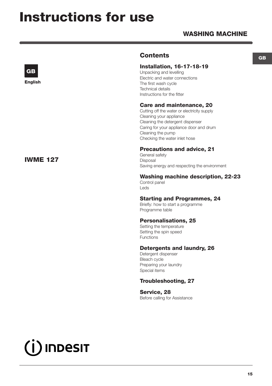 Instructions for use | Indesit IWME-127-EU User Manual | Page 15 / 84