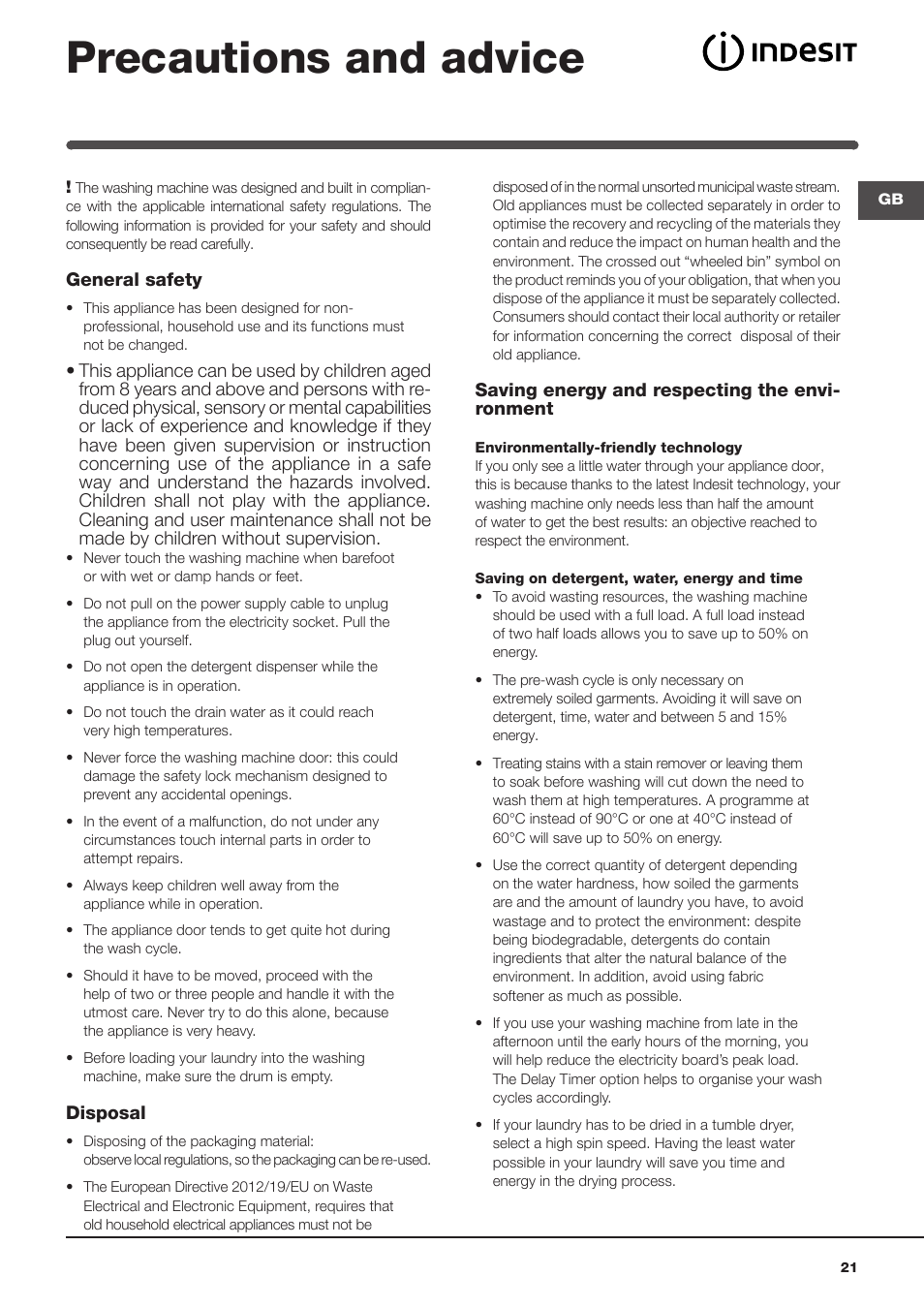 Precautions and advice | Indesit IWME-127-EU User Manual | Page 21 / 84