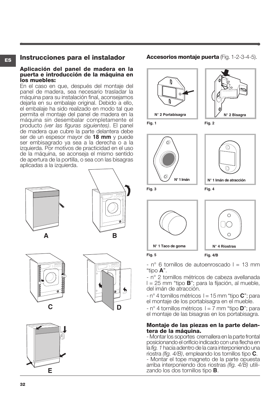 Ab c d e, Instrucciones para el instalador | Indesit IWME-127-EU User Manual | Page 32 / 84