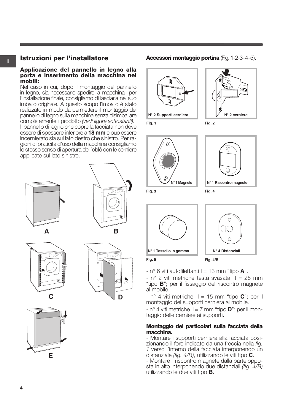 Ab c d e, Istruzioni per l’installatore | Indesit IWME-127-EU User Manual | Page 4 / 84