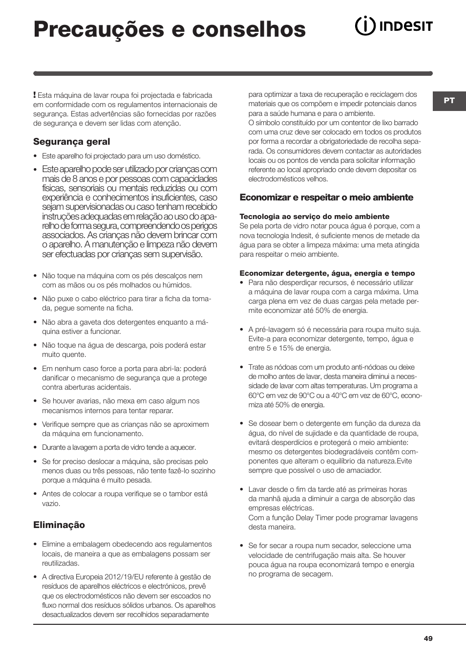 Precauções e conselhos | Indesit IWME-127-EU User Manual | Page 49 / 84