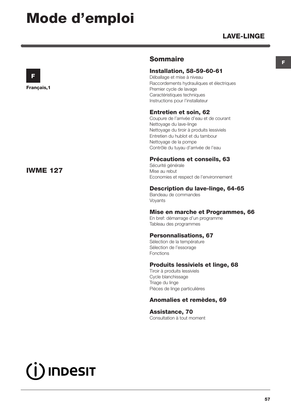 Mode d’emploi | Indesit IWME-127-EU User Manual | Page 57 / 84