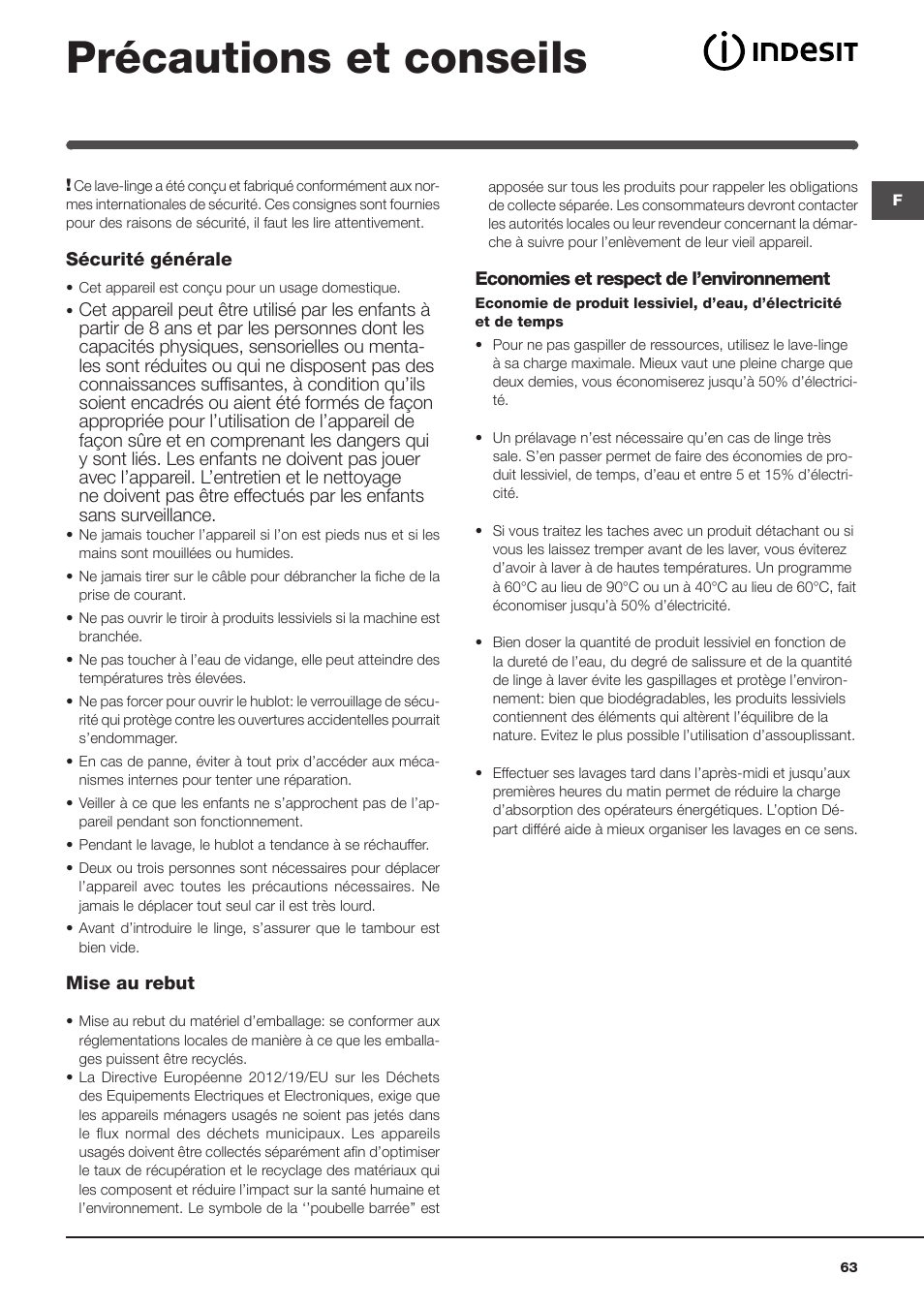 Précautions et conseils | Indesit IWME-127-EU User Manual | Page 63 / 84