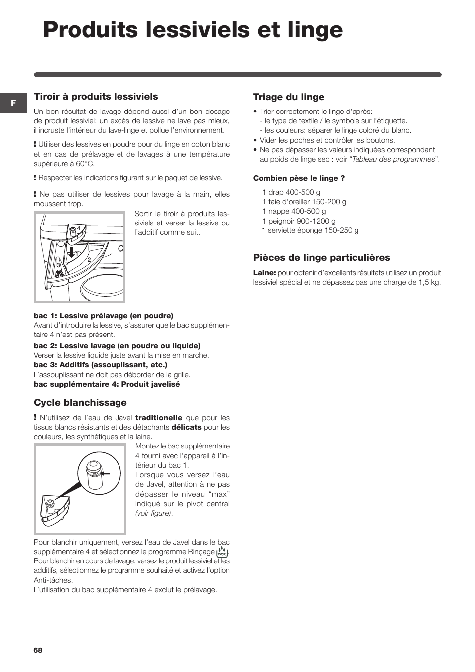 Produits lessiviels et linge, Tiroir à produits lessiviels, Cycle blanchissage | Triage du linge, Pièces de linge particulières | Indesit IWME-127-EU User Manual | Page 68 / 84