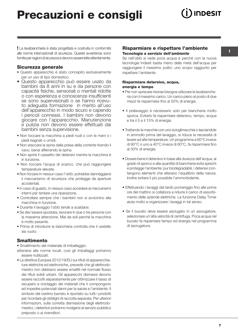 Precauzioni e consigli | Indesit IWME-127-EU User Manual | Page 7 / 84