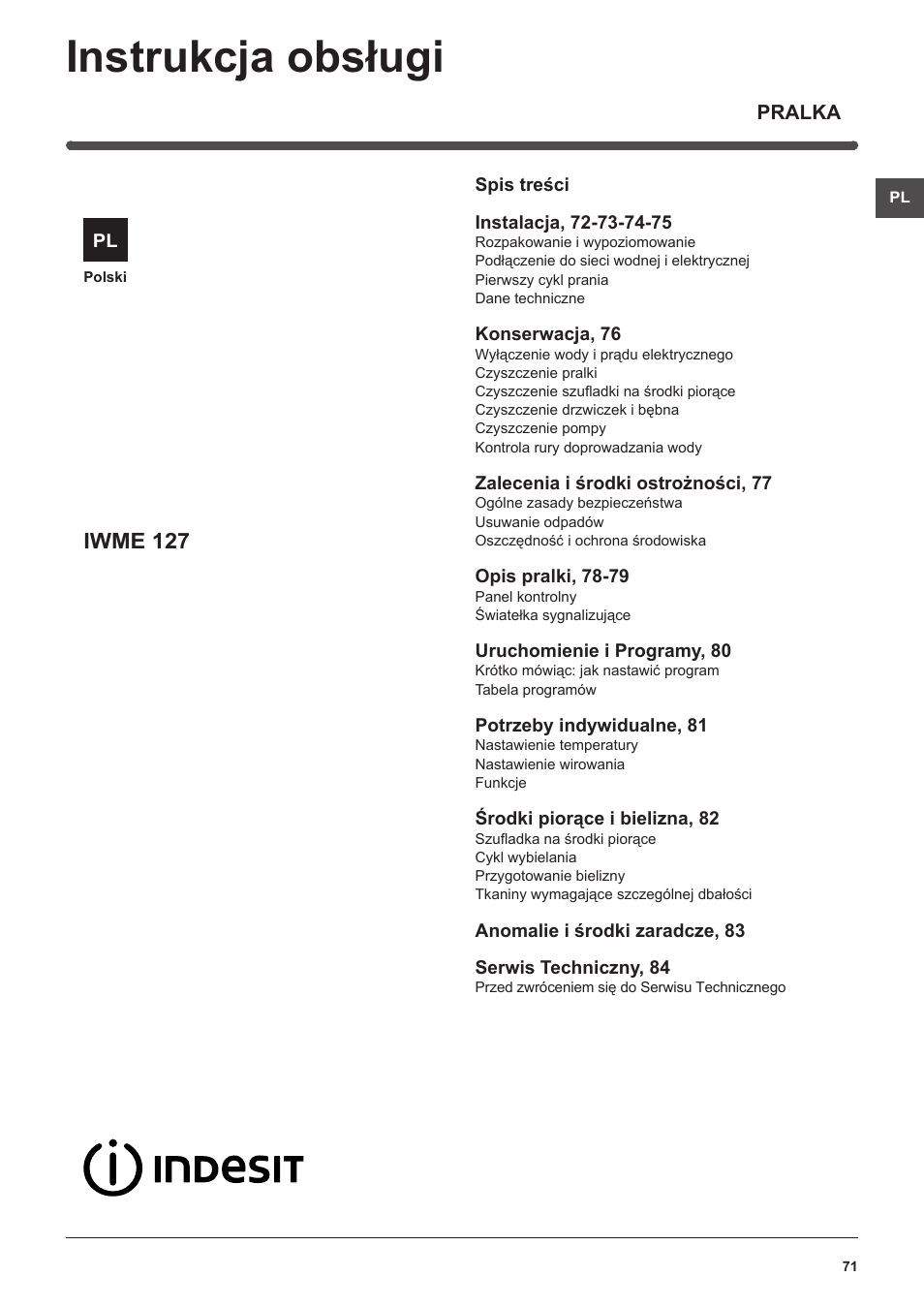 Instrukcja obsługi, Iwme 127 | Indesit IWME-127-EU User Manual | Page 71 / 84