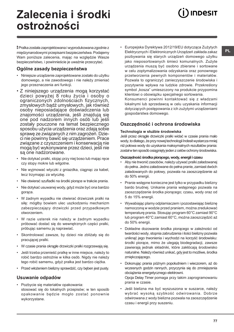 Zalecenia i środki ostrożności | Indesit IWME-127-EU User Manual | Page 77 / 84