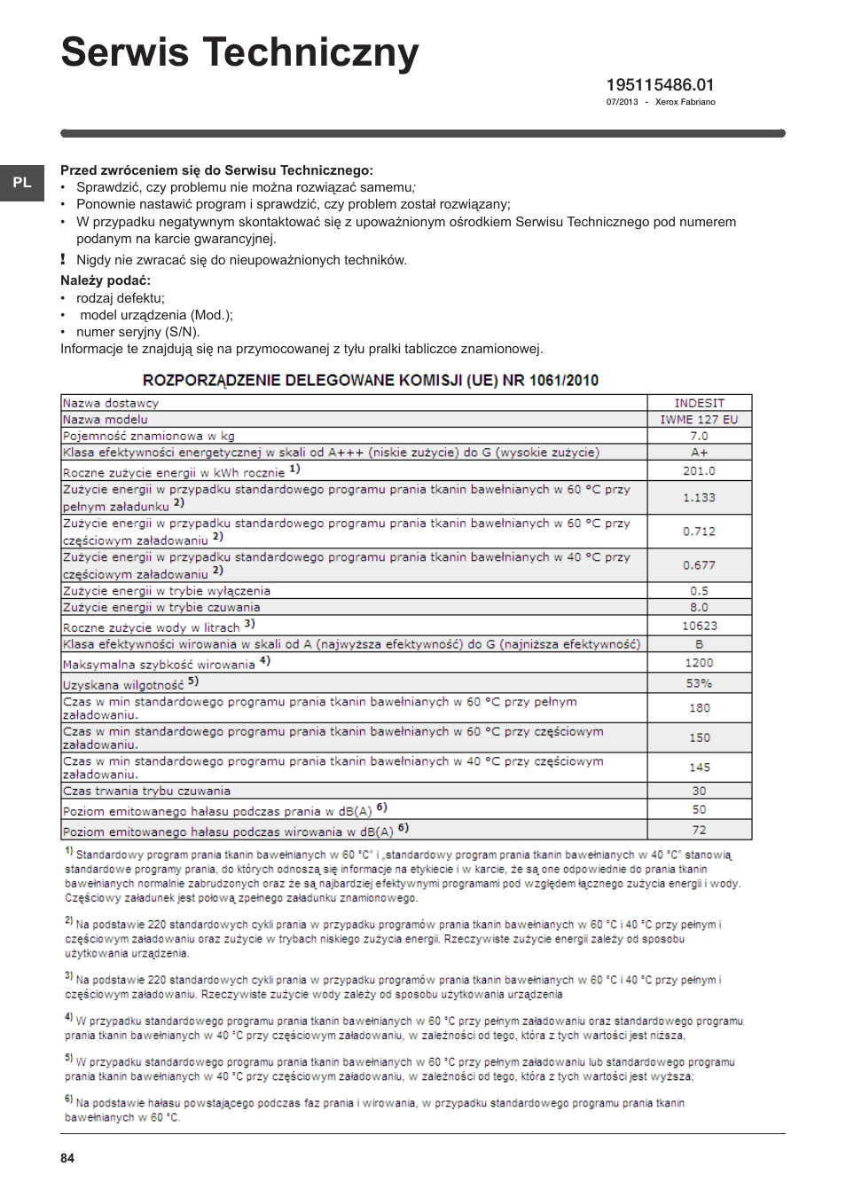 Serwis techniczny | Indesit IWME-127-EU User Manual | Page 84 / 84