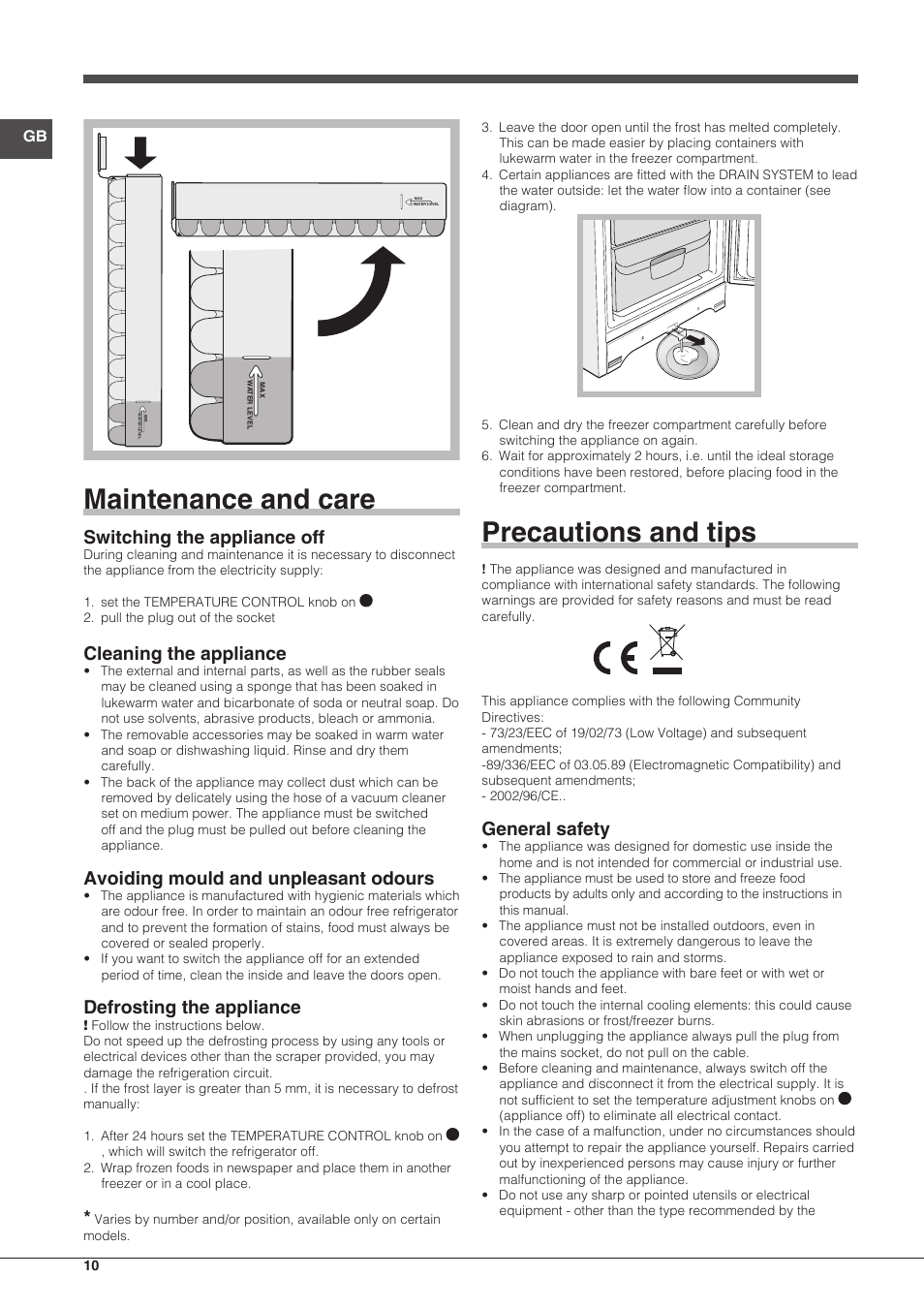 Maintenance and care, Precautions and tips, Switching the appliance off | Cleaning the appliance, Avoiding mould and unpleasant odours, Defrosting the appliance, General safety | Indesit UIAA-12-S.1 User Manual | Page 10 / 28