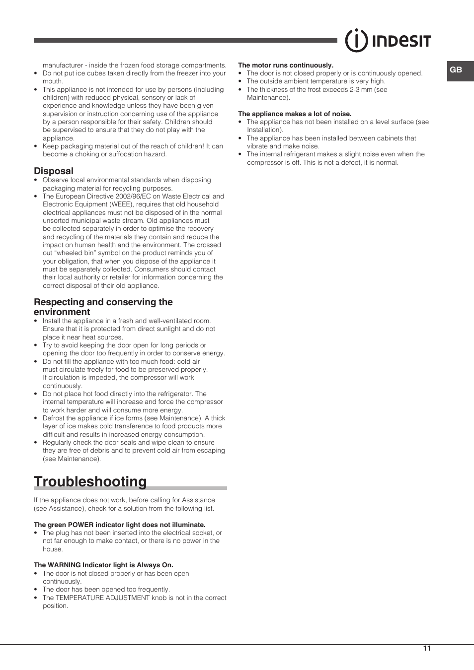 Troubleshooting, Disposal, Respecting and conserving the environment | Indesit UIAA-12-S.1 User Manual | Page 11 / 28