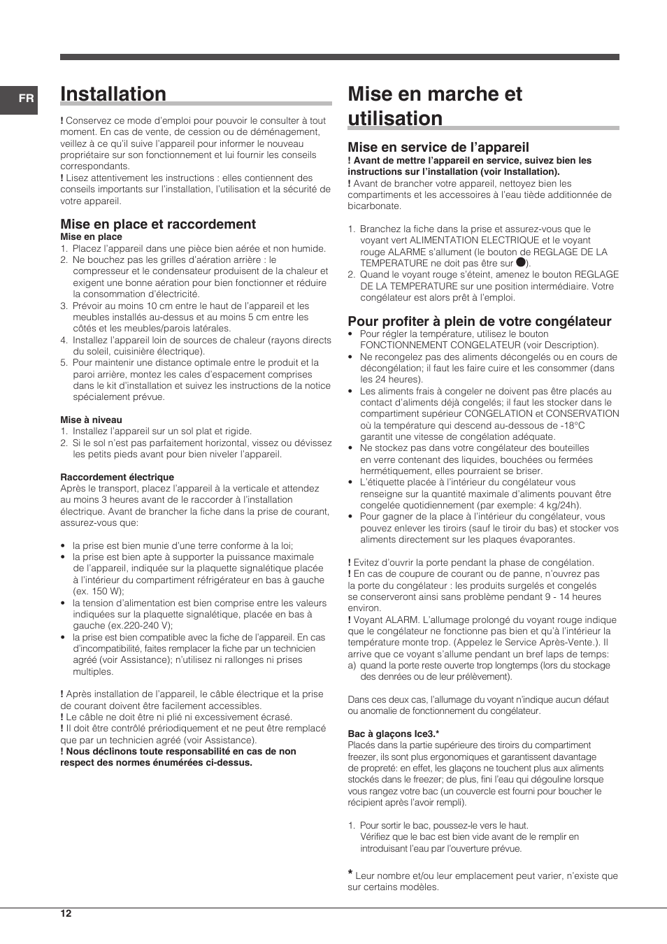 Installation, Mise en marche et utilisation, Mise en place et raccordement | Mise en service de l’appareil, Pour profiter à plein de votre congélateur | Indesit UIAA-12-S.1 User Manual | Page 12 / 28