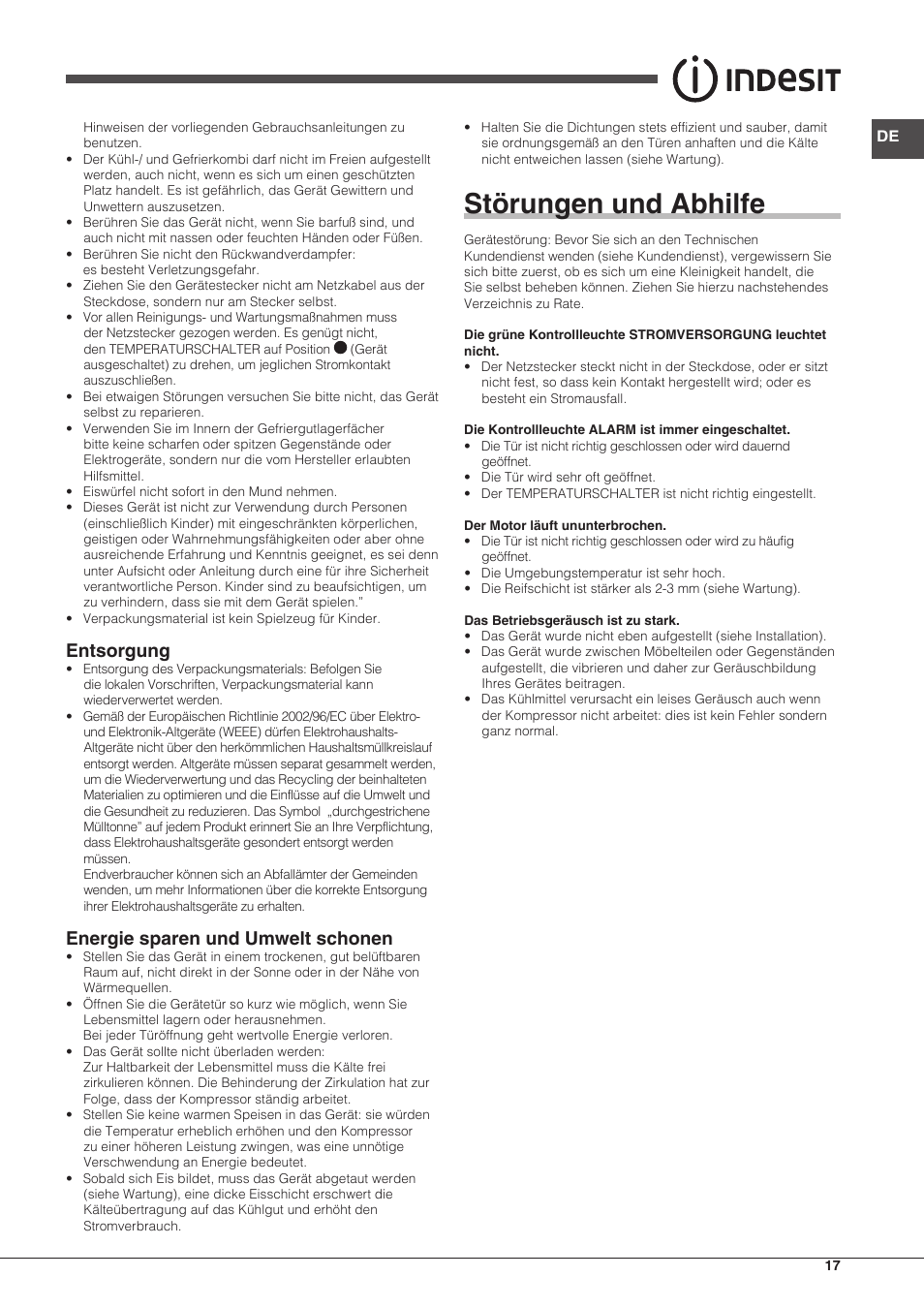 Störungen und abhilfe, Entsorgung, Energie sparen und umwelt schonen | Indesit UIAA-12-S.1 User Manual | Page 17 / 28