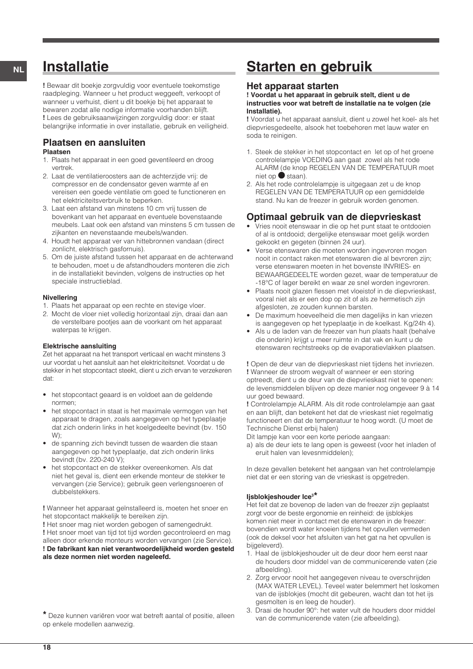 Installatie, Starten en gebruik, Plaatsen en aansluiten | Het apparaat starten, Optimaal gebruik van de diepvrieskast | Indesit UIAA-12-S.1 User Manual | Page 18 / 28