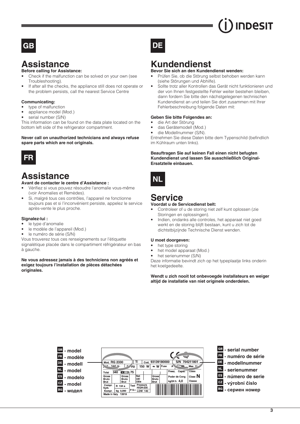 Assistance, Kundendienst, Service | Indesit UIAA-12-S.1 User Manual | Page 3 / 28