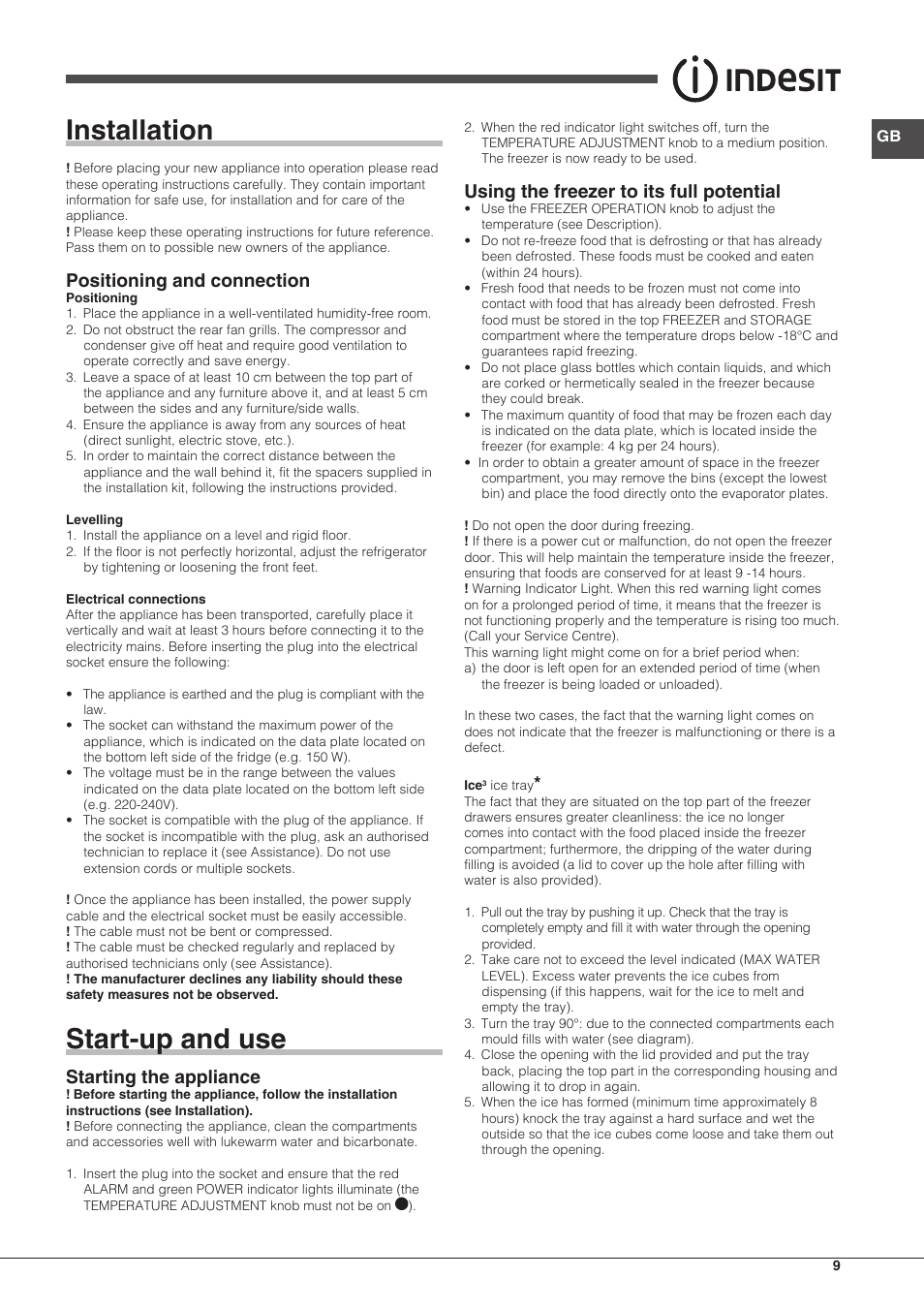 Installation, Start-up and use, Positioning and connection | Starting the appliance, Using the freezer to its full potential | Indesit UIAA-12-S.1 User Manual | Page 9 / 28