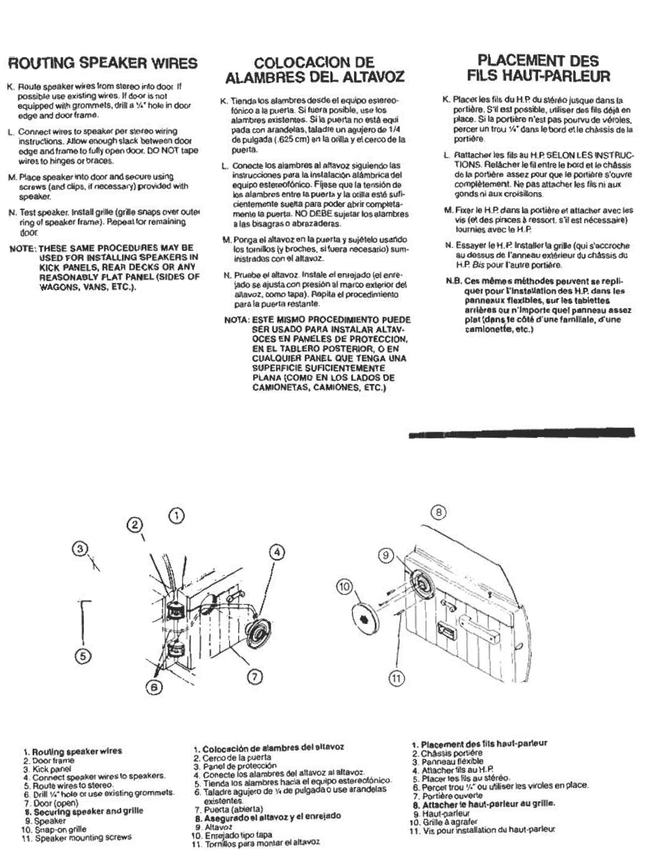 Routing speaker wires, Colocacion de alambres del altavoz, Placement des fils haut-parleur | O© ч, E, attachar ie heul-peileur au grílle | Audiovox Speaker User Manual | Page 8 / 9