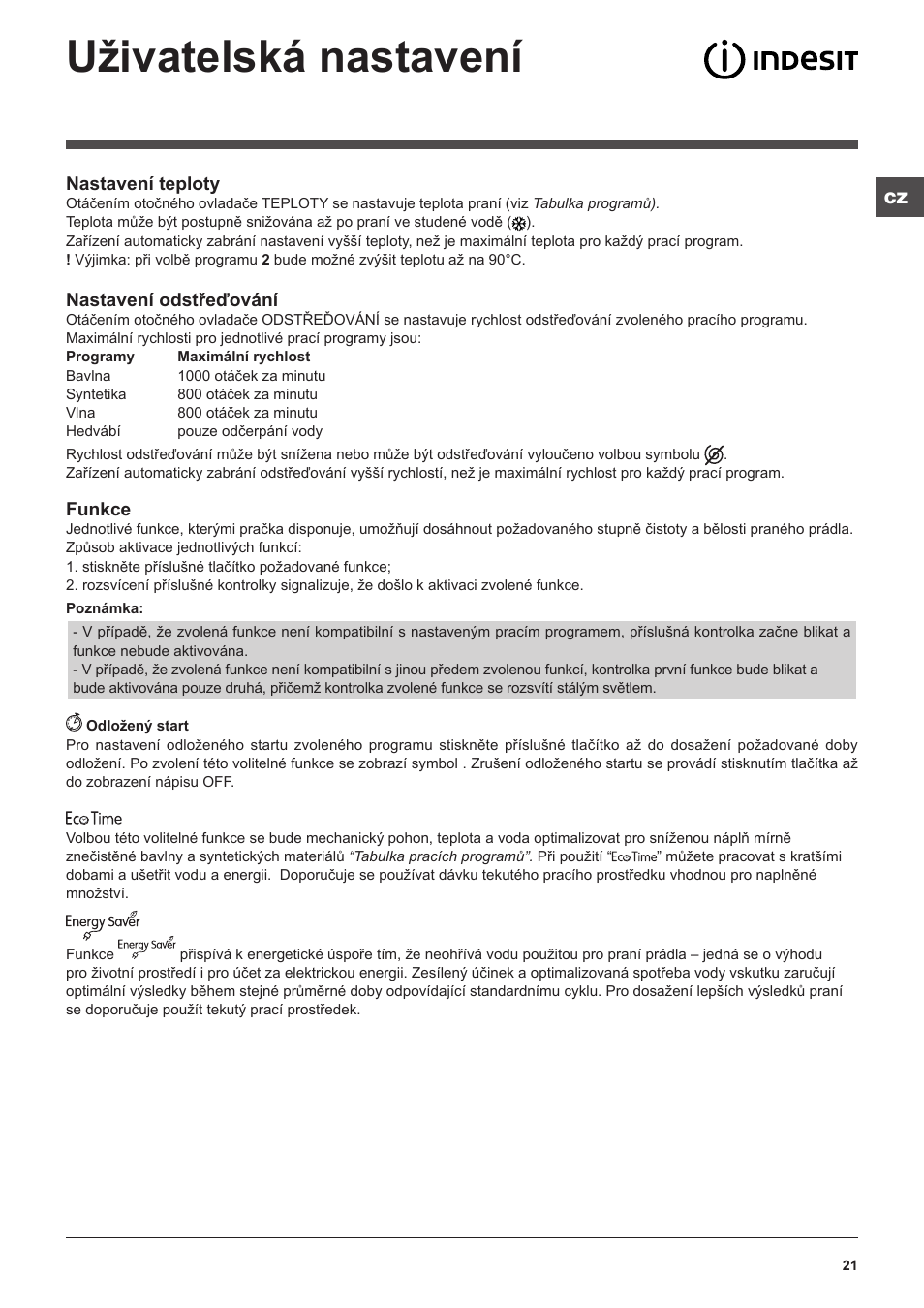 Uživatelská nastavení | Indesit IWUD-41051-C-ECO-EU User Manual | Page 21 / 72