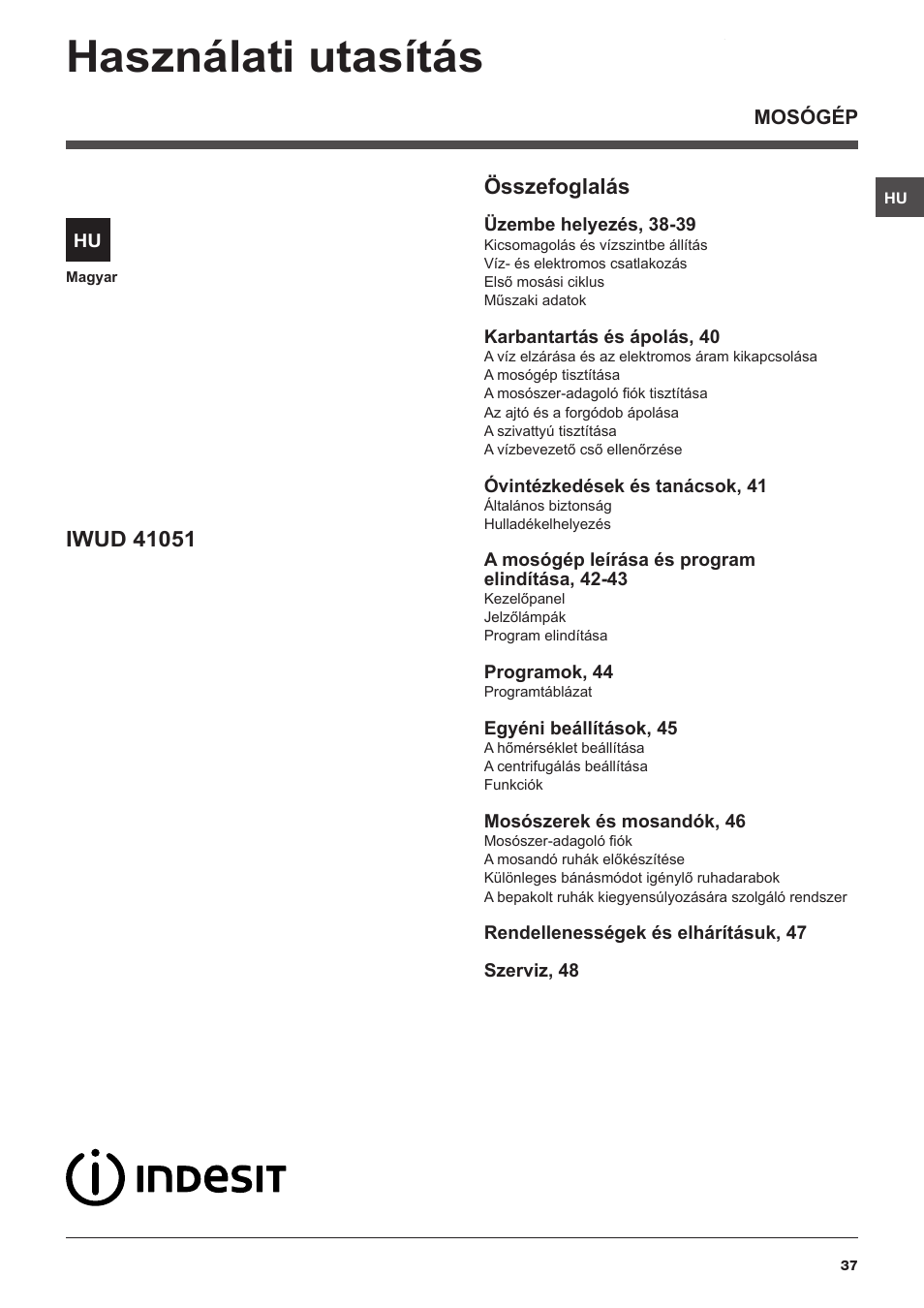 Használati utasítás, Összefoglalás | Indesit IWUD-41051-C-ECO-EU User Manual | Page 37 / 72