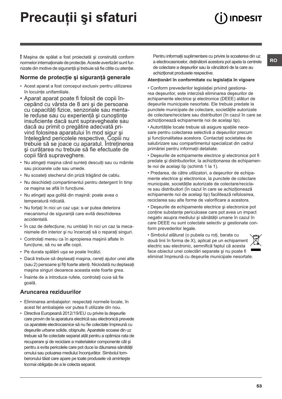 Precauţii şi sfaturi | Indesit IWUD-41051-C-ECO-EU User Manual | Page 53 / 72