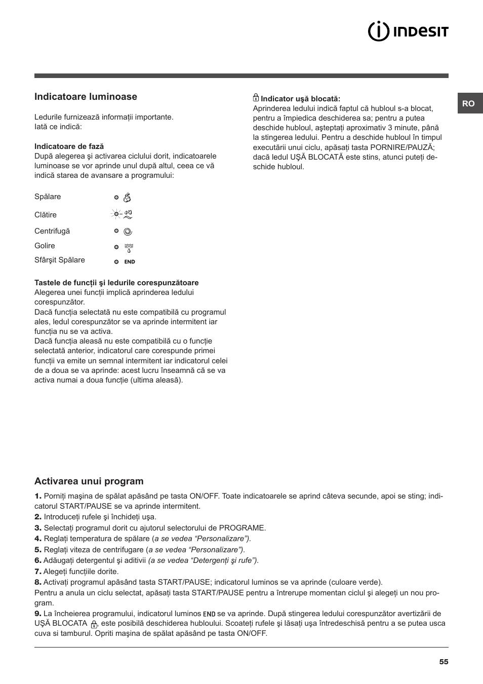 Indicatoare luminoase, Activarea unui program | Indesit IWUD-41051-C-ECO-EU User Manual | Page 55 / 72