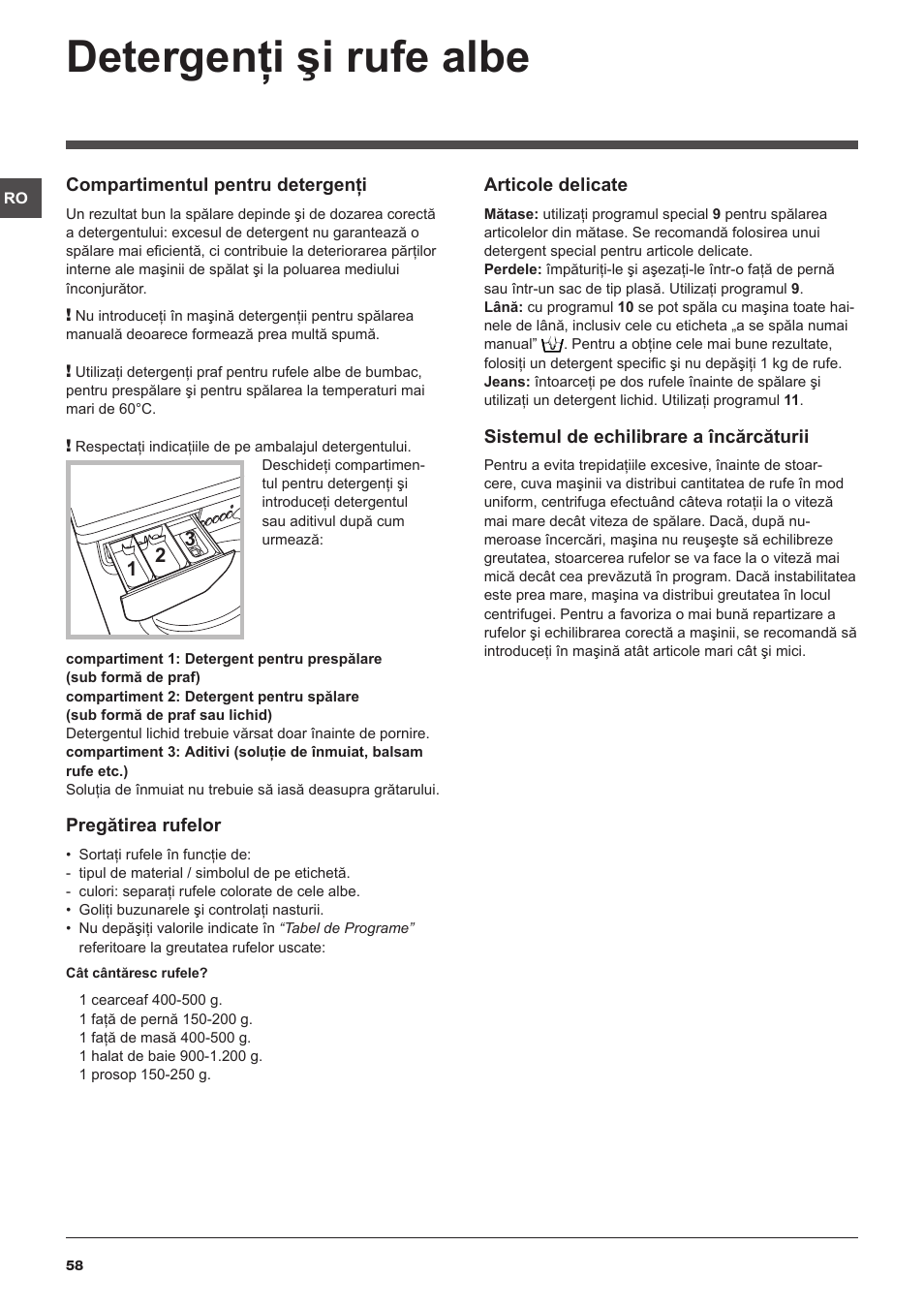 Detergenţi şi rufe albe | Indesit IWUD-41051-C-ECO-EU User Manual | Page 58 / 72