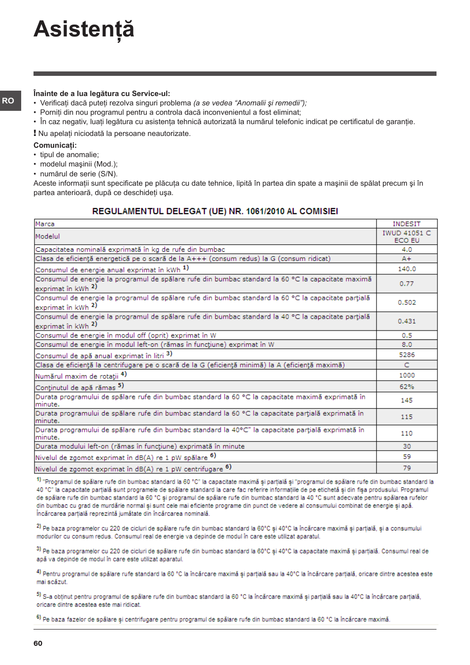 Asistenţă | Indesit IWUD-41051-C-ECO-EU User Manual | Page 60 / 72